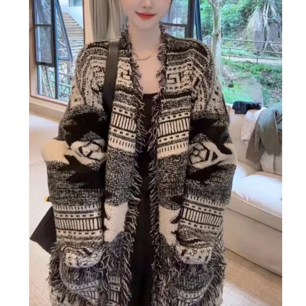 网红同款2设计感流苏毛边V领拼色豆子陶陶款毛衣针织加厚秋冬外套