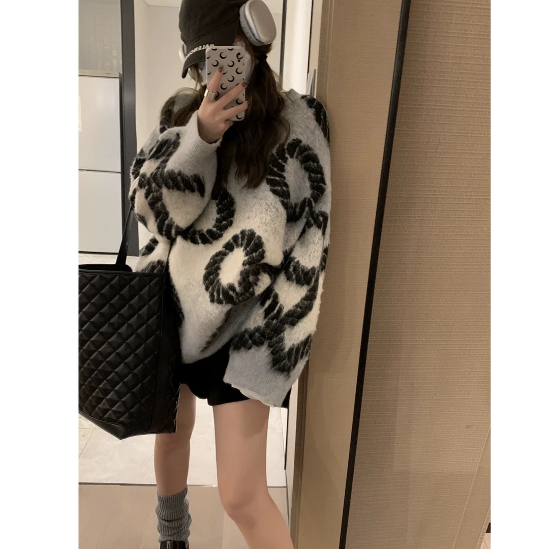 新款奶牛纹慵懒风秋冬新款加厚外穿毛衣提花宽松针织衫软糯中长款