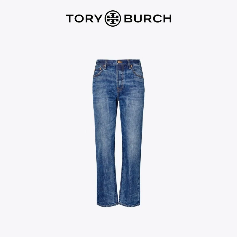 【季末礼遇】TORY BURCH 汤丽柏琦 蓝色棉质直筒微喇牛仔裤 139860