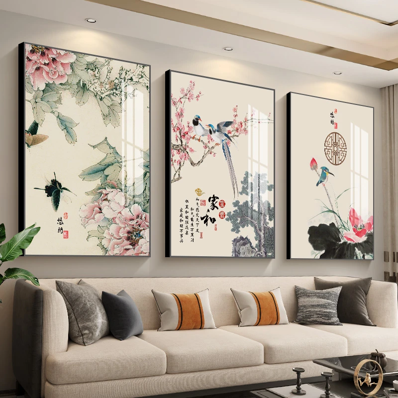 客厅装饰画沙发背景墙挂画新中式壁画中式山水画三联竖版墙画复古