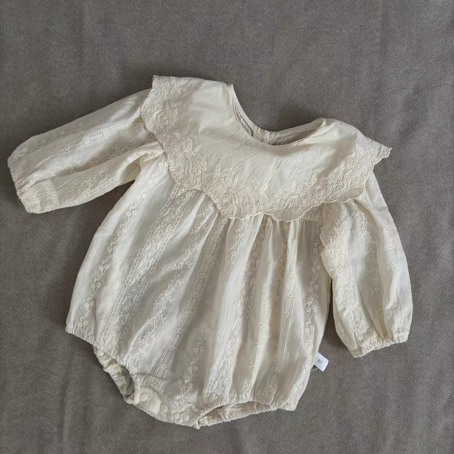 ins春款婴儿韩版爬服女宝宝长袖刺绣连体哈衣大翻领包屁衣爬爬服