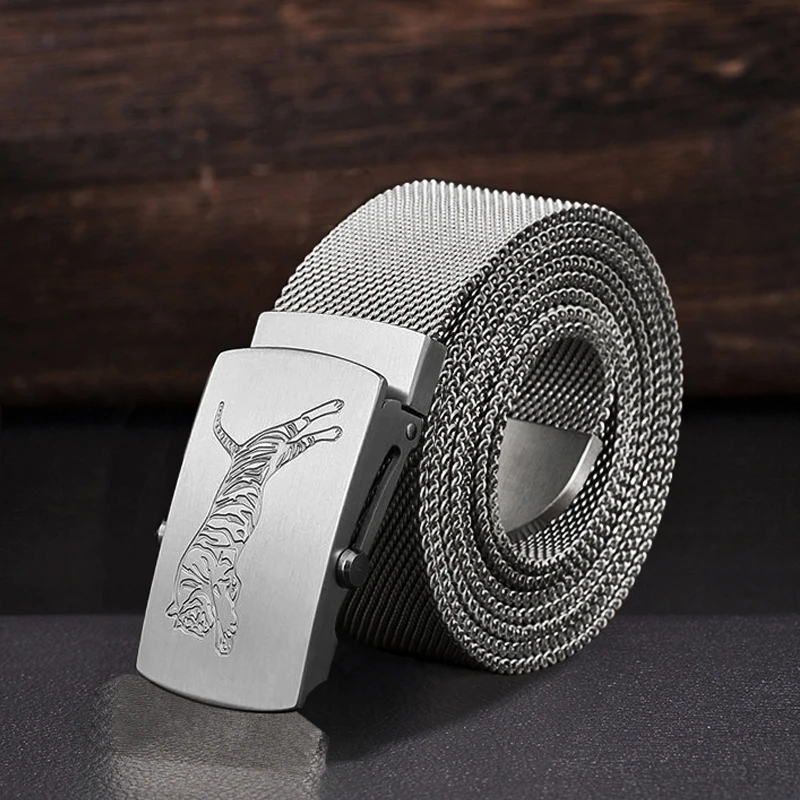 生肖老虎男士皮带全不锈钢滚轴金属腰带青年潮户外防护裤腰带新款