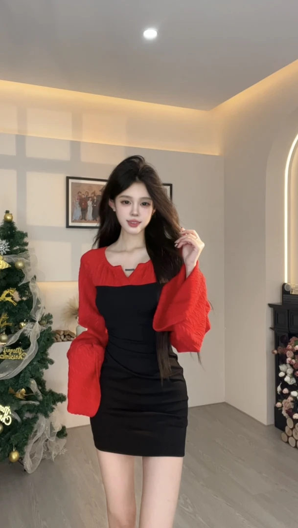 XQIN【朗姆红茶】美式假两件长袖又甜又辣包臀裙潮SXQHZ407737