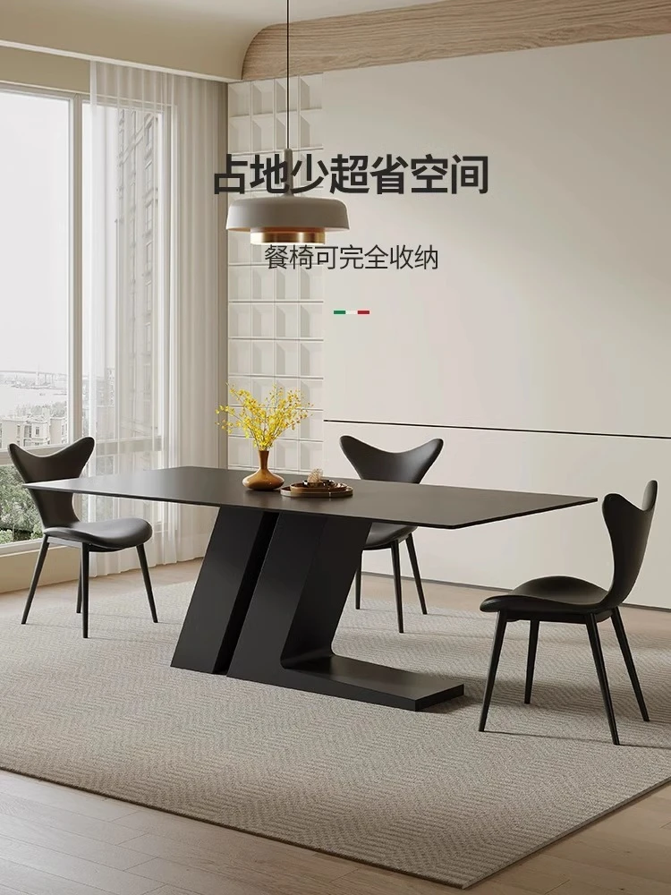复古侘寂风轻奢设计师小户型现代简约纯黑岩板餐桌椅组合意式家用