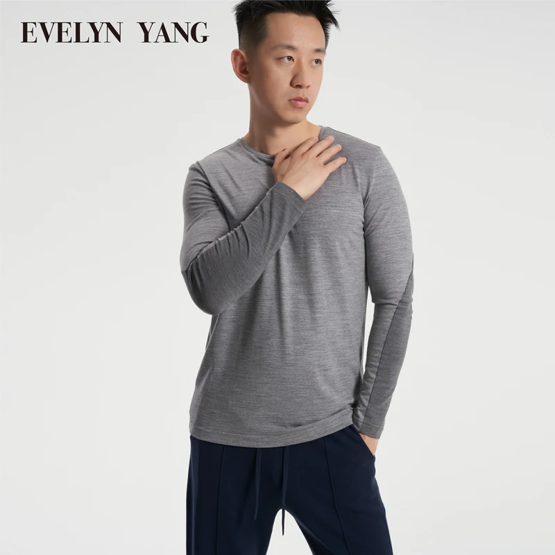 EVELYN YANG男士冬季新品睿达可机洗羊毛纯色舒适柔软长袖T恤