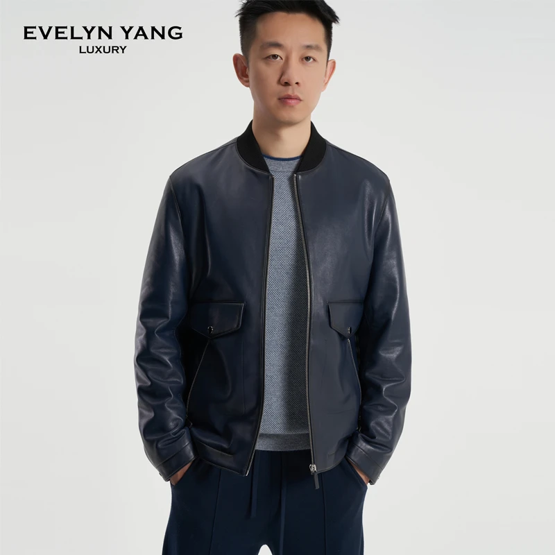 EVELYN YANG春季新款男士BLT擦色棒球款立领百搭小羊皮衣