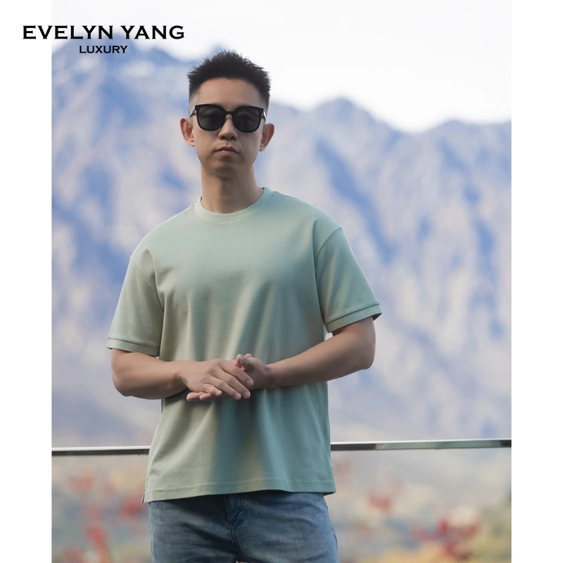 EVELYN YANG男士夏季休闲棉花糖进口长绒棉廓形纯色圆领短袖T恤