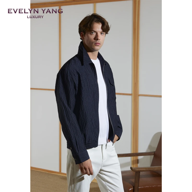 EVELYN YANG春季新款男士PD丝麻泡泡纱立领休闲男外套简约夹克