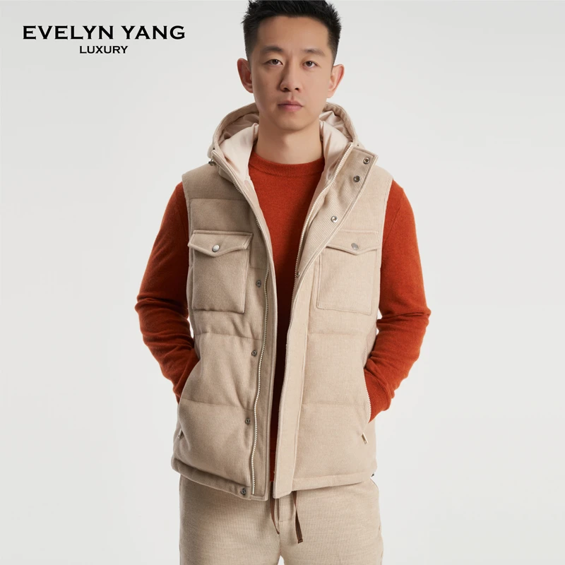 EVELYN YANG冬季新款男士暖冬95白鹅绒灯芯绒羊毛厚款马甲