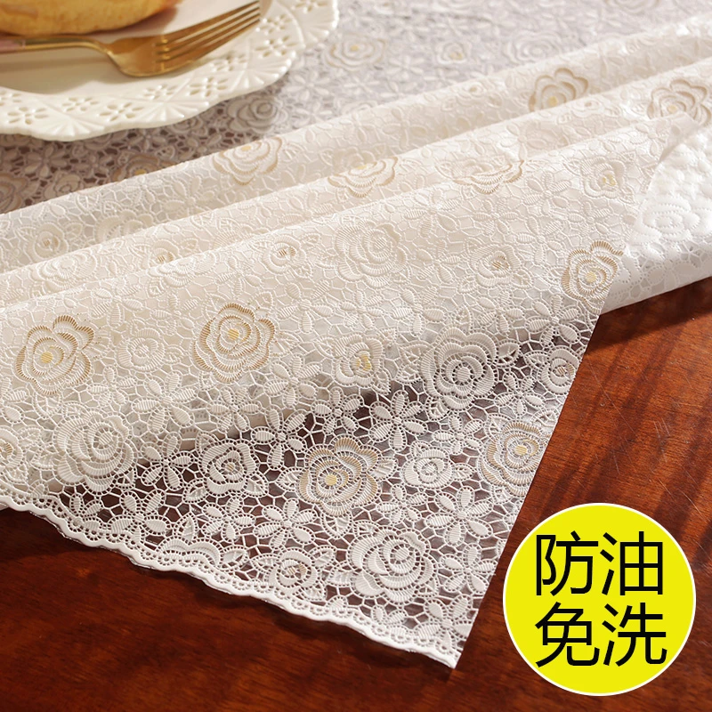 桌布防水防油可擦免洗蕾丝餐桌布长方形轻奢高级感pvc茶几垫台布