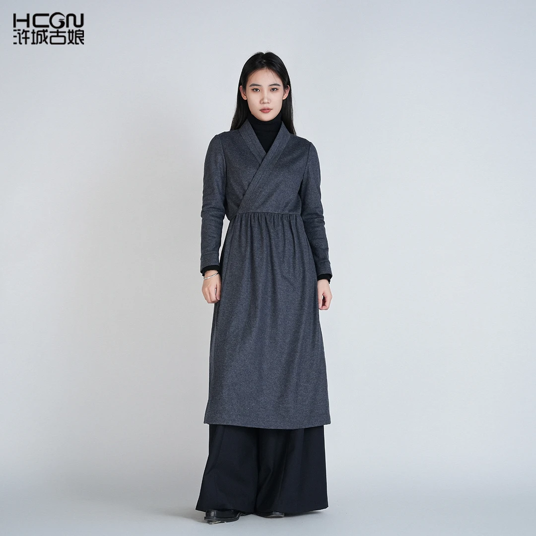 绵羊毛国风V领系带收腰显瘦女舒适百搭气质幽然连衣裙HASS010003