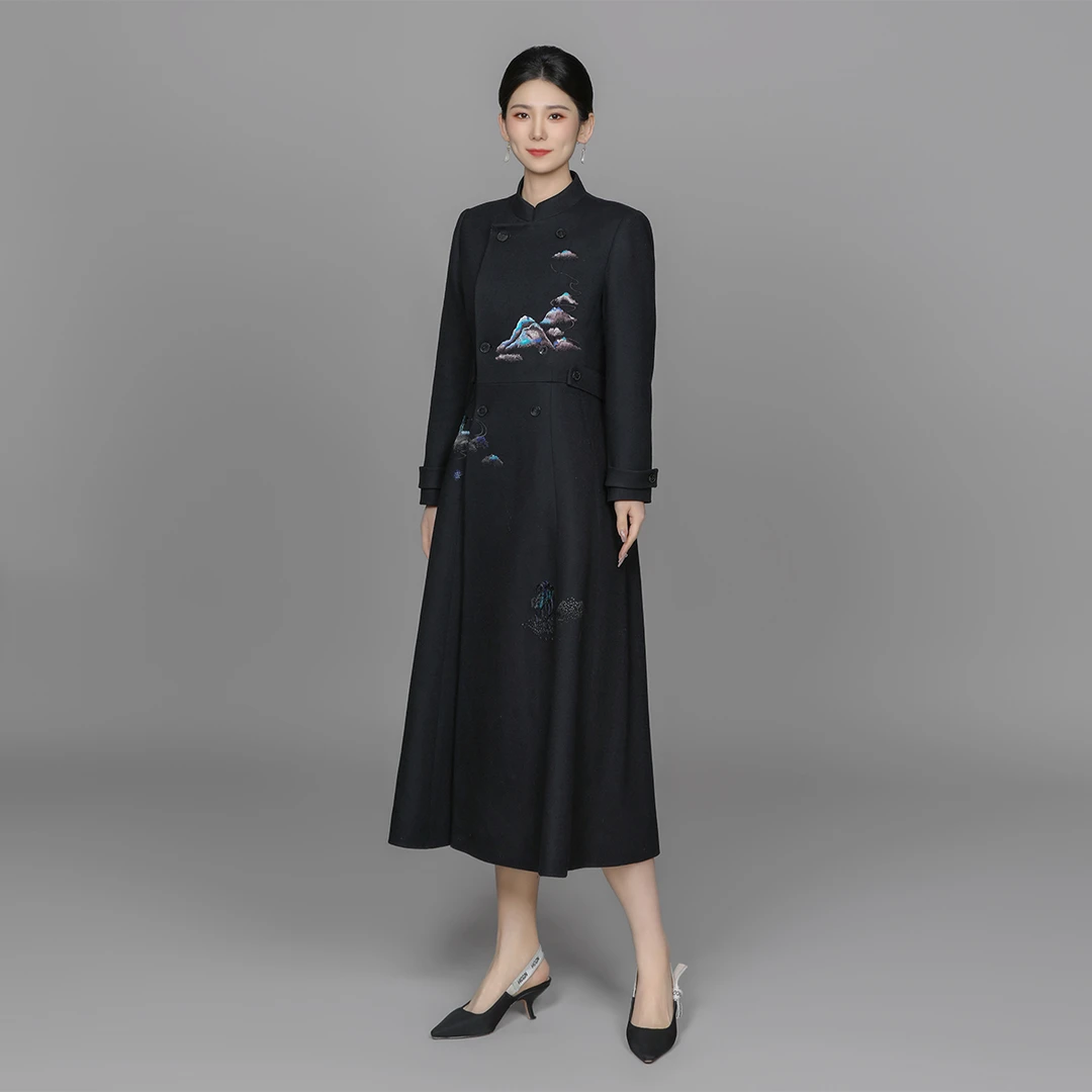 高端爆款秋冬黑色羊毛毛呢子大衣长款外套瑞鹤战袍连衣裙ACL11511