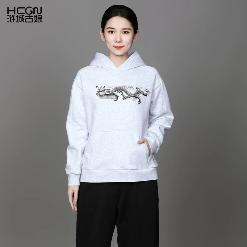 【棉质】中国风连帽舒适百搭休闲刺绣减龄宽松女萌龙卫衣ACL181053