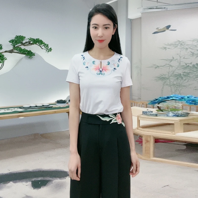 夏季瑶香中式国风女装白色时尚正肩修身短袖圆领短款T恤-BMT18758