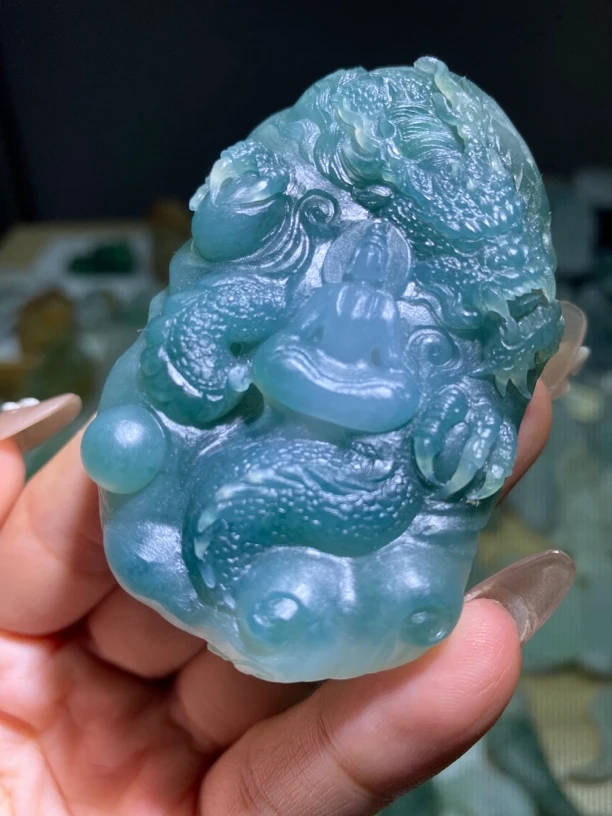 毛货定制缅甸天然a货翡翠蓝水巧雕神龙护主