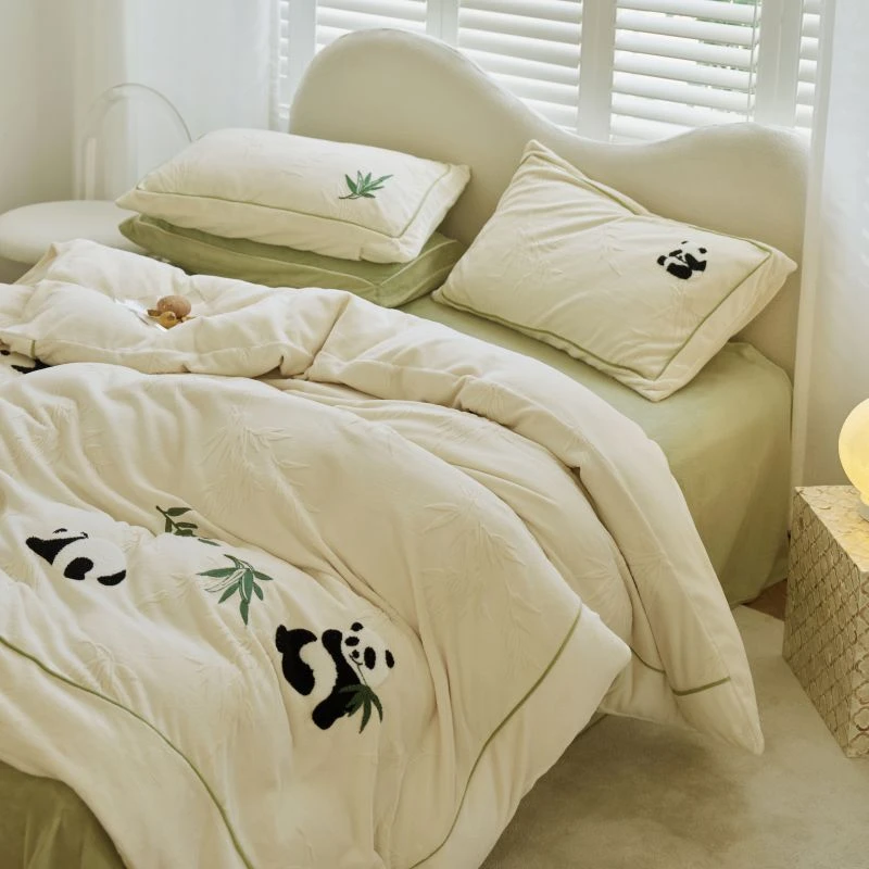 情绪熊猫雕花牛奶绒四件套熊猫刺绣A类秋冬加厚保暖床单床笠4件套