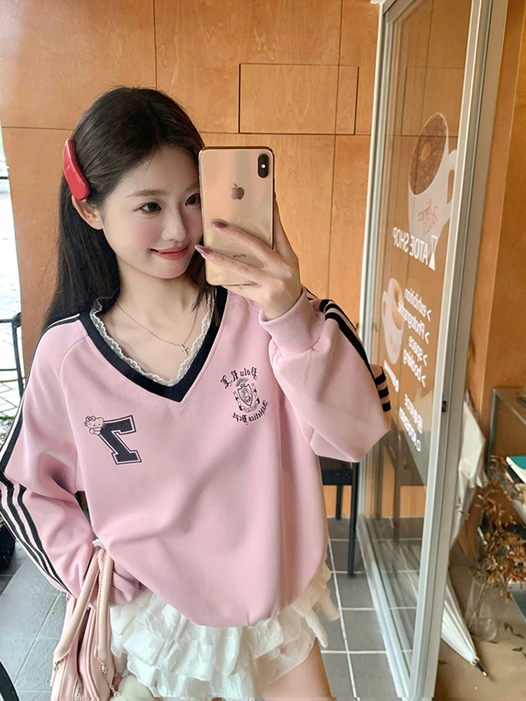 2024秋冬季新款加绒长袖蕾丝卫衣女新款休闲学院风百搭宽松外套潮