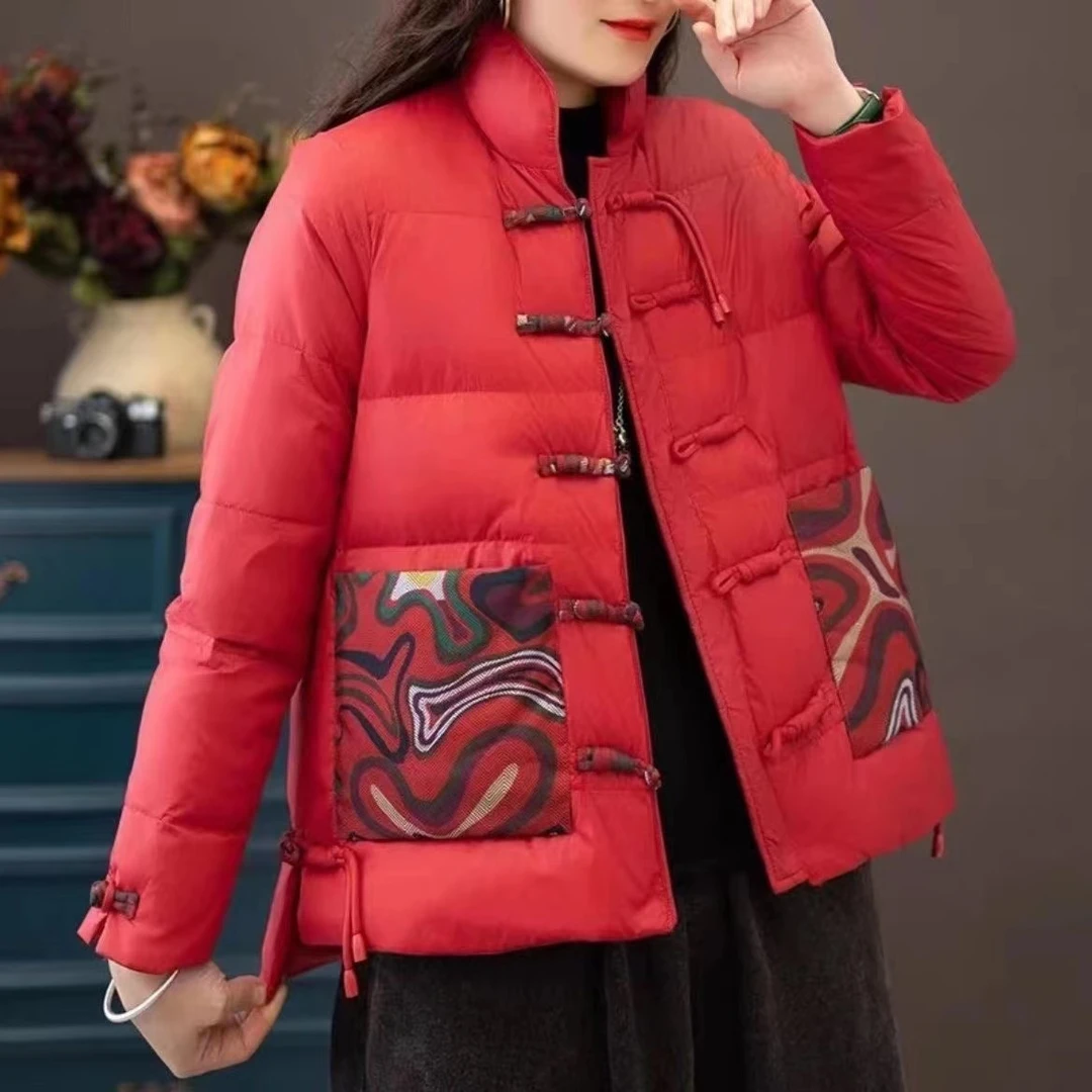 2023冬季时尚立领女士中国风复古民族风印花羽绒服