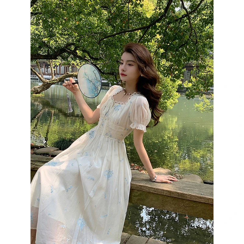 Meika-春夏新款法式气质温柔初恋设计感收腰显瘦白色长款连衣裙女