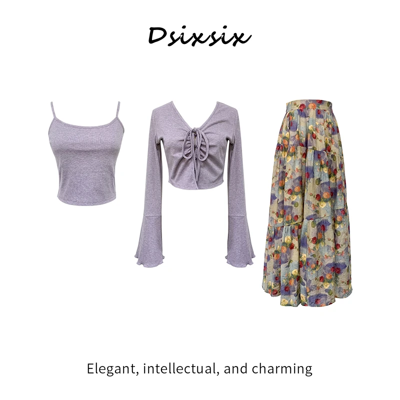 Yeah Me-【莫奈情诗】夏日氛围感浅紫上衣拼接碎花高腰半身裙套装女