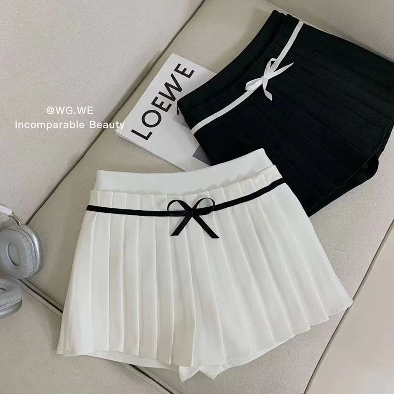 防走光黑色蝴蝶结百褶半身裙女2025春秋辣妹裙裤高腰显瘦百搭短裙