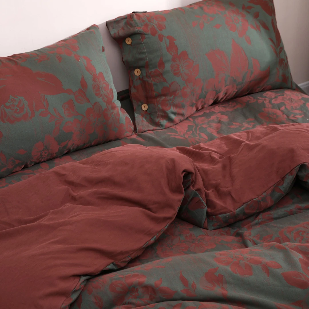 WY【炫花绿-枕套一对】美式轻奢中古老钱风双层纱纯棉苔藓绿枕套