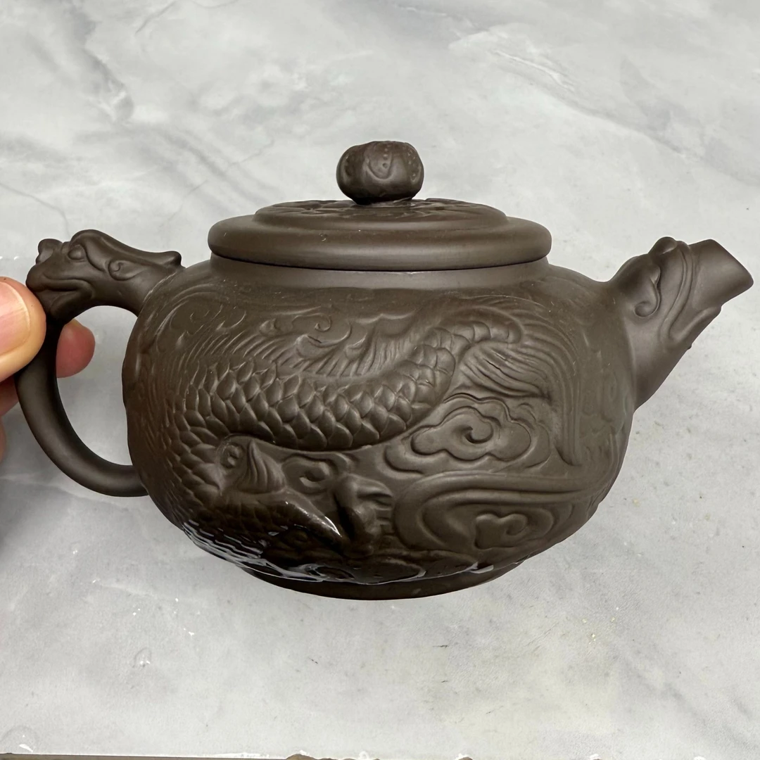 深井老紫泥龙腾四海浮雕工艺龙壶D1