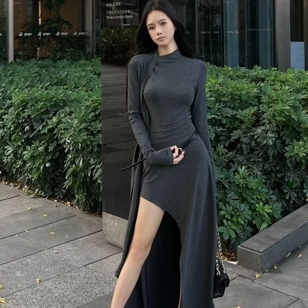 中长款长裙不规则针织气质长袖打底法式显瘦性感秋冬连衣裙开叉