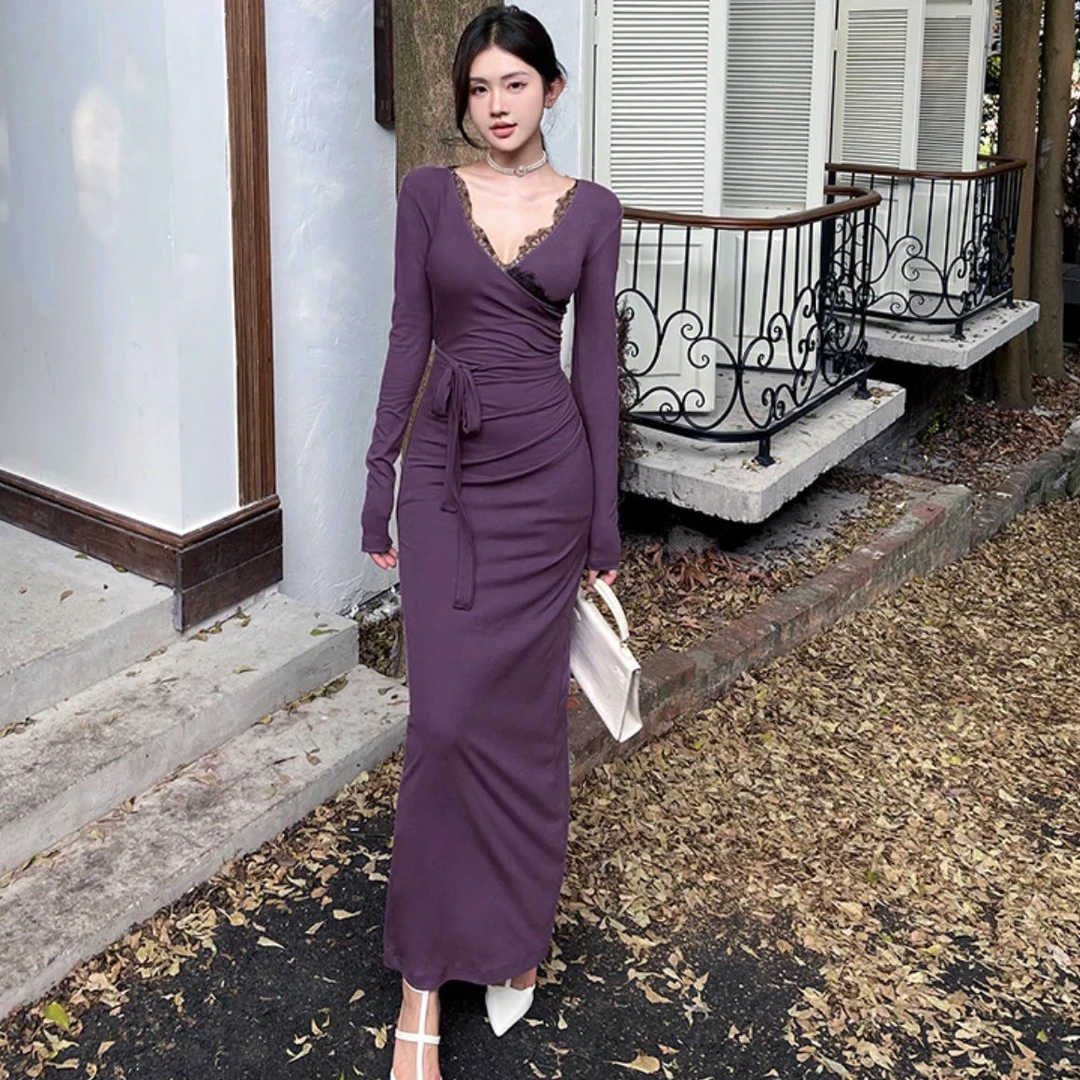 蕾丝花边连衣裙时尚潮流百搭精品女装长袖性感开叉法式收腰包臀裙