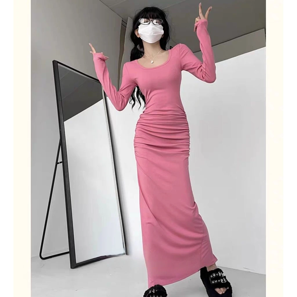 轻奢小众高级感女装褶皱打底裙后开叉连衣裙长袖鱼尾修身包臀裙子