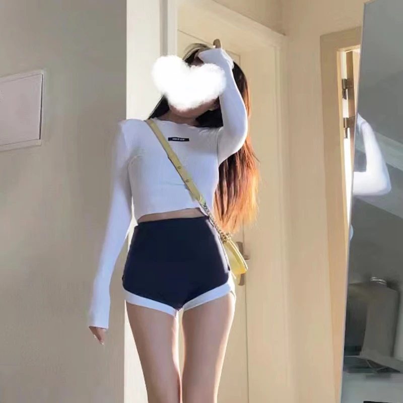 春秋新款长袖套装女纯欲紧身性感辣妹风T恤上衣+运动短裤两件套装