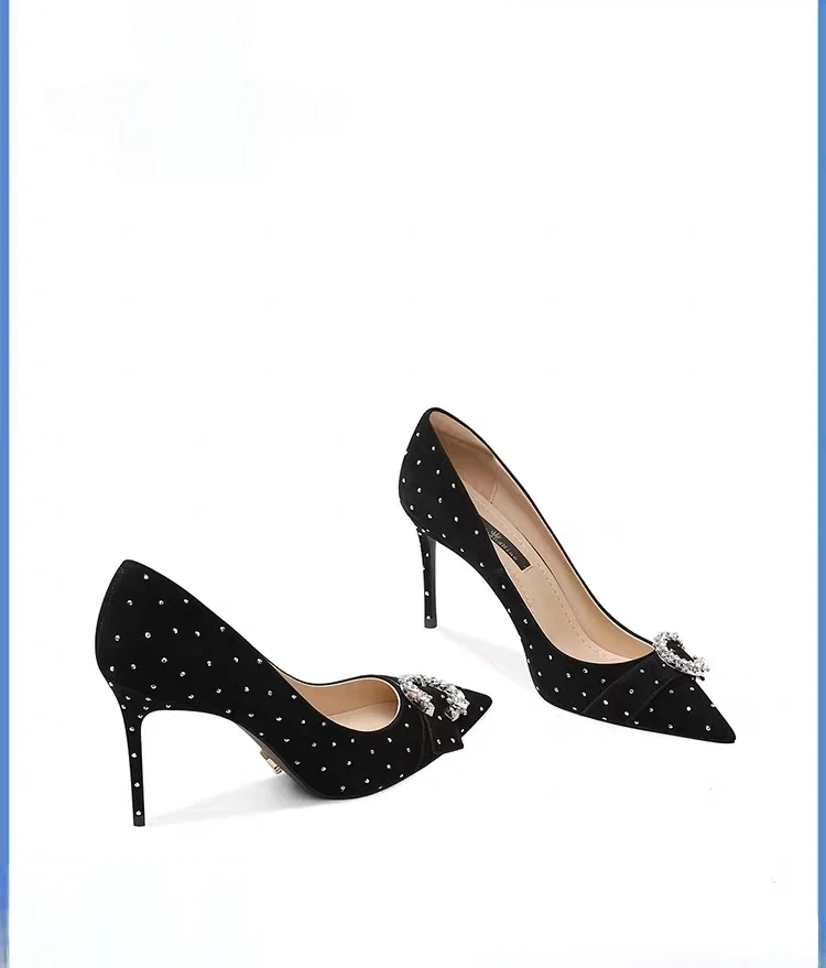 戈拉提尖头高跟鞋女2023年新款磨砂羊皮个性细跟单鞋水钻浅口女鞋