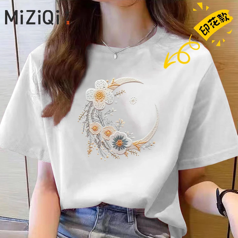 米子旗2024款T恤女款纯棉百搭夏季宽松印花圆领简约短袖D1238
