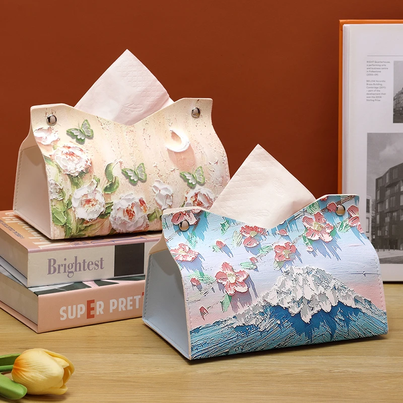 油画纸巾盒家用客厅车载抽纸盒轻奢风高档纸抽盒高级感皮创意餐巾