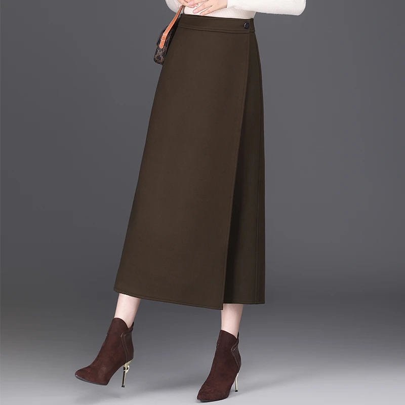 毛呢半身裙女秋春新款气质长裙一片式别致独特裙子直筒开叉包臀裙