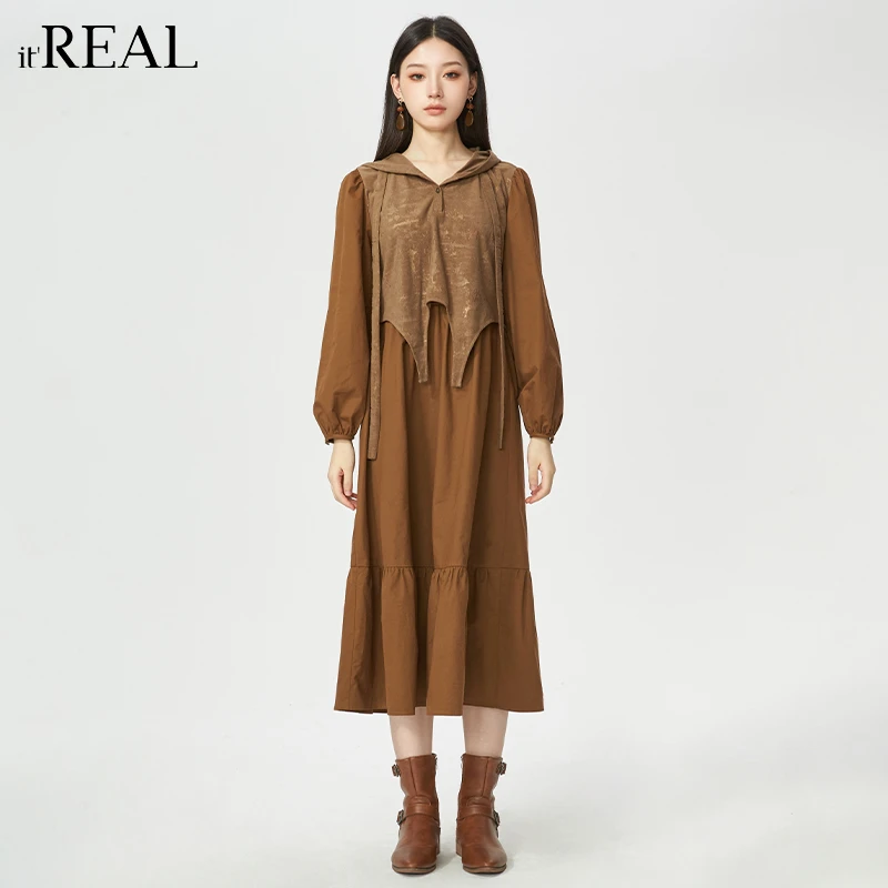 It'real瑞尔女装冬季新品复古休闲设计师假两件连衣裙9764103008