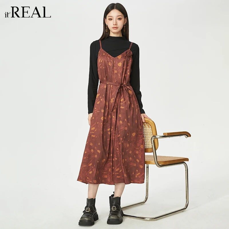 It'real瑞尔女装秋冬中长款无袖收腰吊带裙9764581001