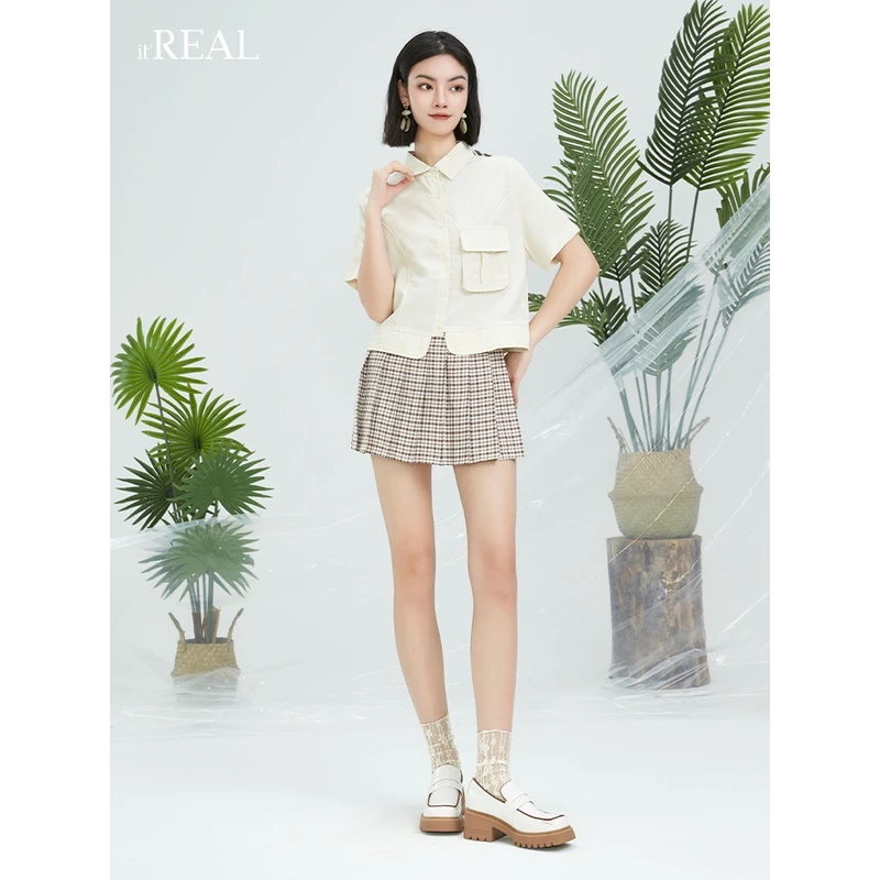 it'real瑞尔女装女士复古短裙半身裙子格子显瘦百褶裙