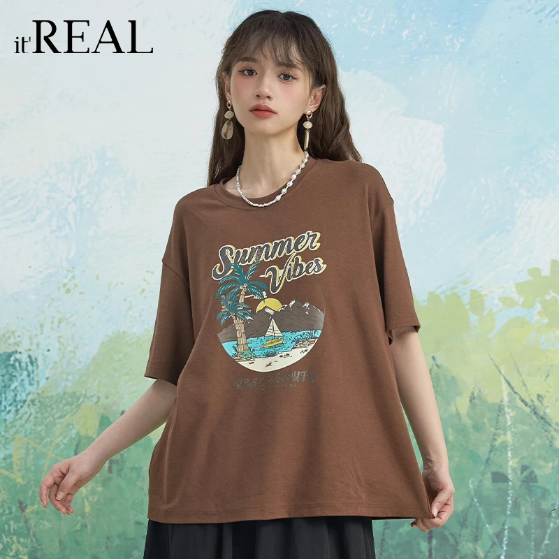 It'real瑞尔女装夏季新款简约百搭宽松印花女短袖