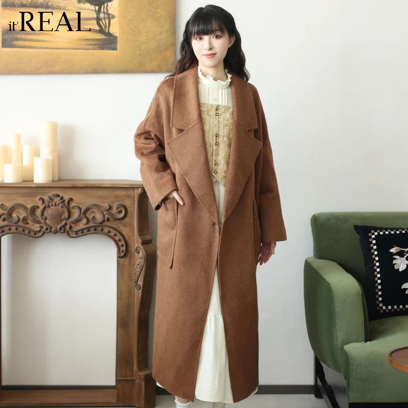It'real瑞尔女装2024气质宽松琥珀棕中长款双面呢外套9764208005