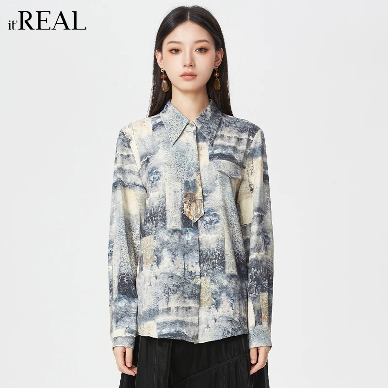 It'real瑞尔女装2024冬季长袖时尚印花扎染女士衬衫9764103004