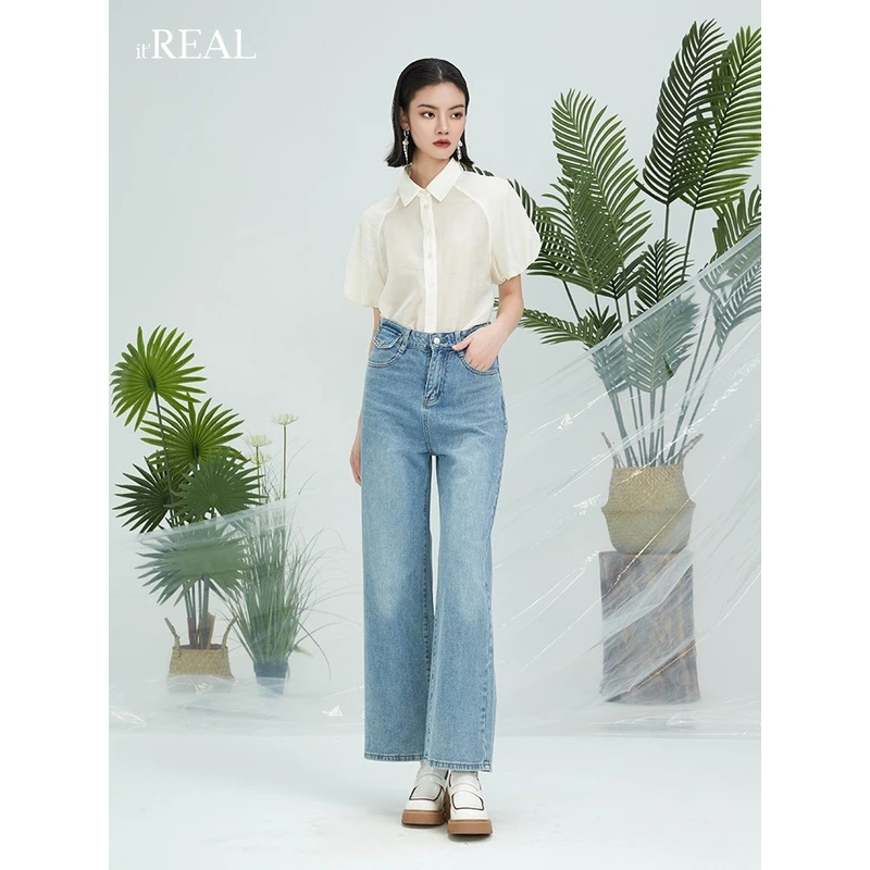 it'real瑞尔女装女士法式短袖衬衫纯色百搭显瘦复古风衬衣