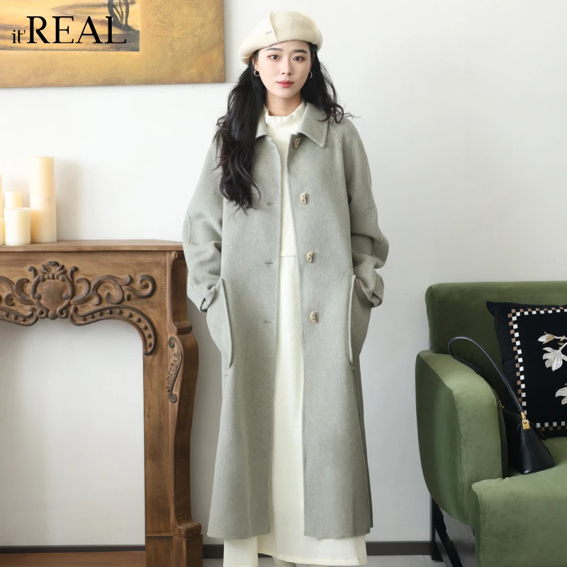 It'real瑞尔女装冬季气质宽松时尚灰绿羊绒双面呢外套1774208024