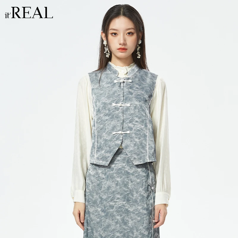 It'real【日常新中式】瑞尔女装2024秋新中式国风立领印花盘扣马夹