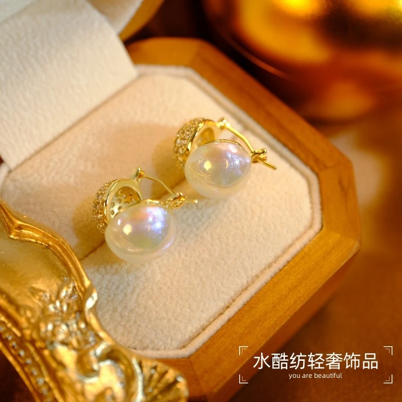 铜合金耳饰 法式微镶人鱼姬气质珠珠耳环女精致耳扣耳饰F1322