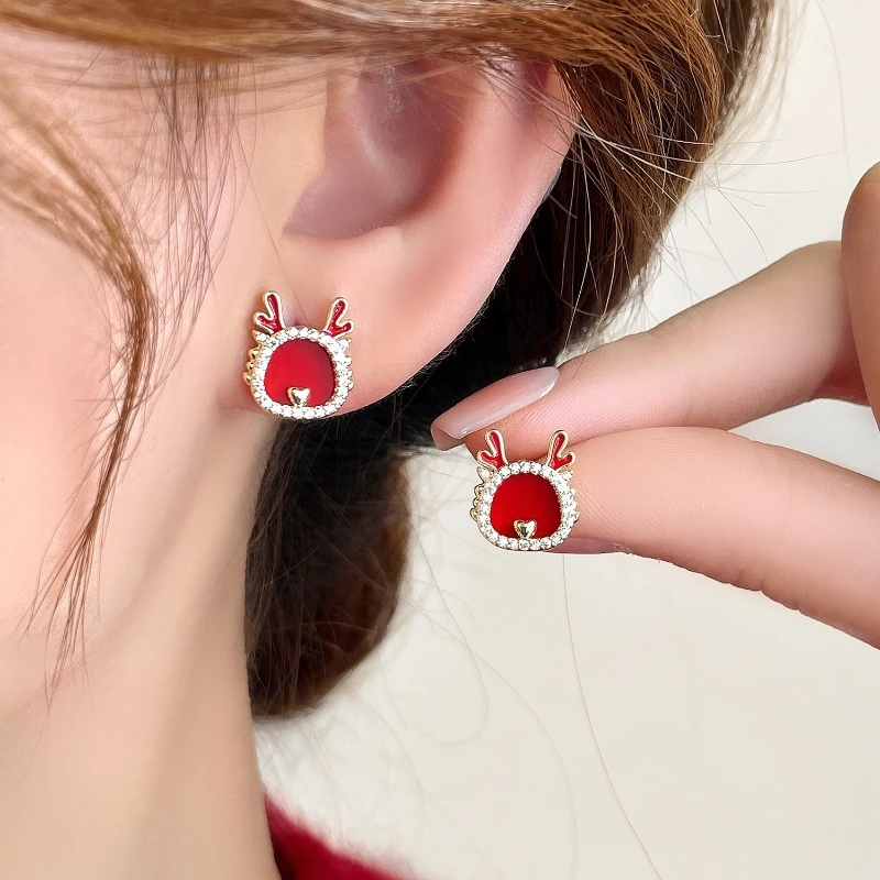 铜合金耳饰 气质生肖龙耳钉独特设计感红色新年耳环耳饰F2495