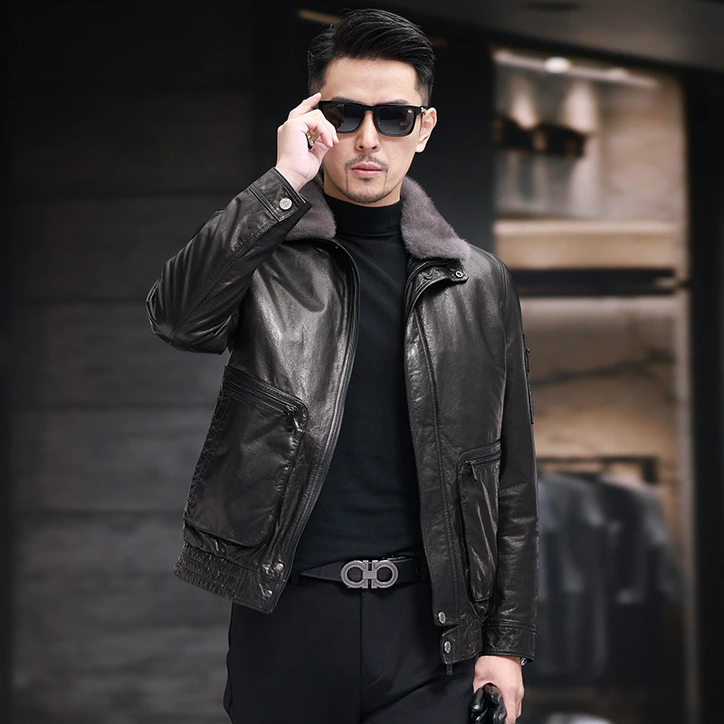 海宁真皮皮衣男水貂翻领头层牛皮夹克外套休闲秋冬保暖羊毛加厚