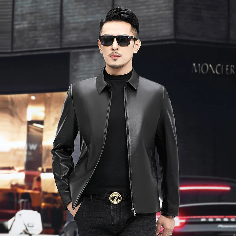 头层绵羊皮男士翻领商务款真皮皮衣外套秋冬秋季休闲夹克修身薄款