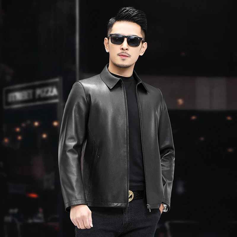 海宁山羊皮真皮皮衣男士商务款老板衫翻领夹克休闲上班秋季外套