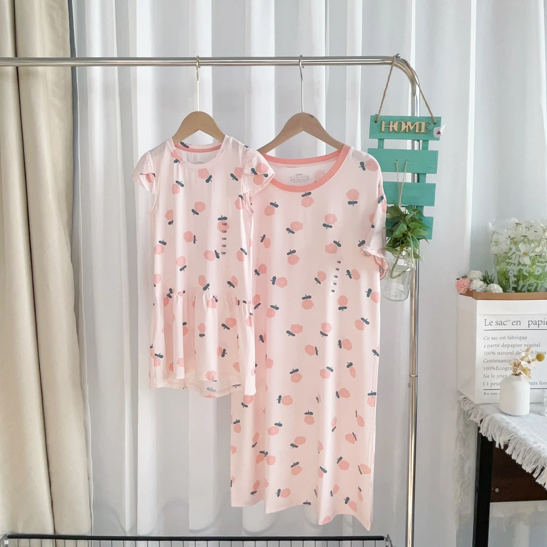 亲子款莫代尔软弹爽滑印花短袖居家裙 浅粉花朵